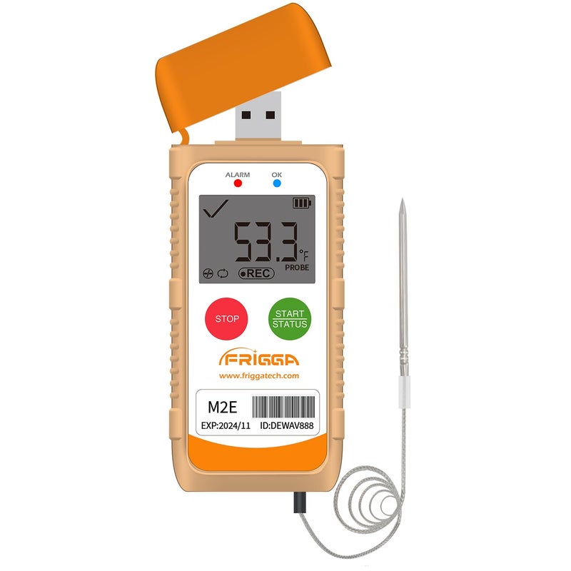 Frigga M2E Reusable Temperature Data Logger with External Probe Multi-Use Digital Refrigerator Thermometer USB 14400 Points High Accuracy Temperature Recorder PDF CSV Report - Image 1